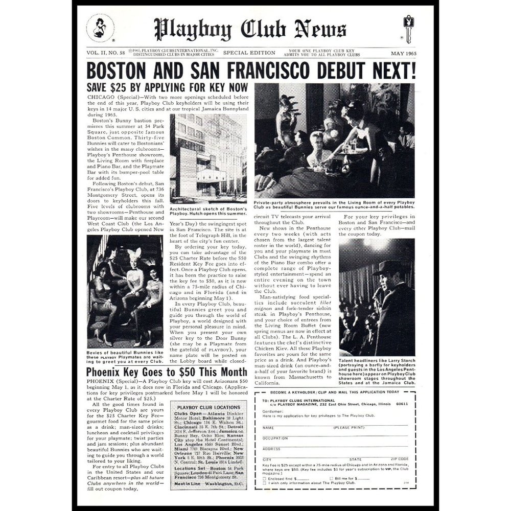 1965 Playboy Club News May Vintage Print Ad Newspaper Style Headlines Wall Art